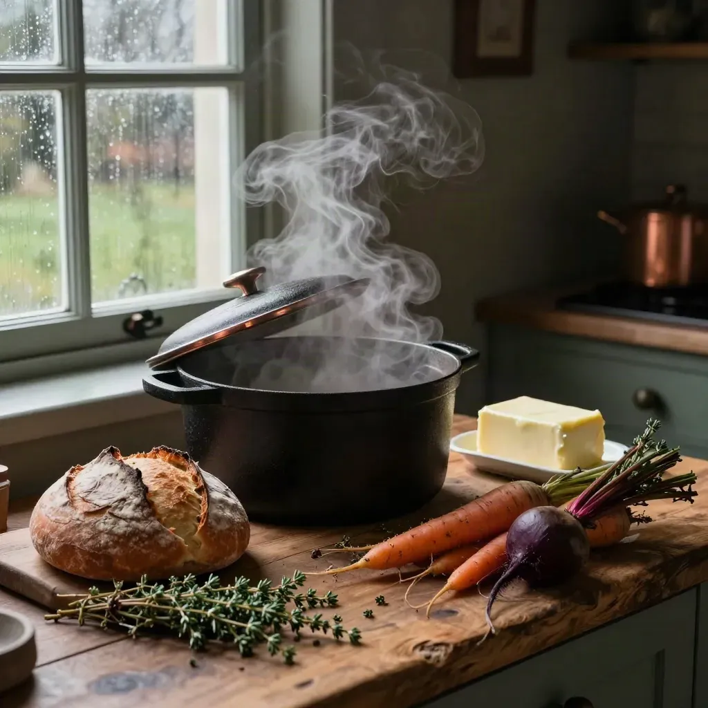 Steaming farmhouse stew pot with sourdough, butter crock, root vegetables and thyme on oak.