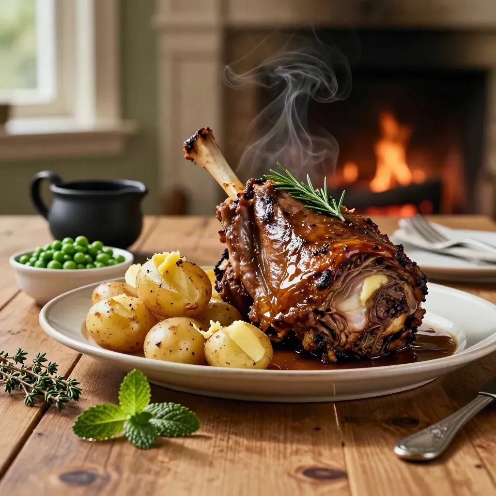 Roast lamb shoulder, steaming potatoes, peas and gravy on a rustic Sunday table