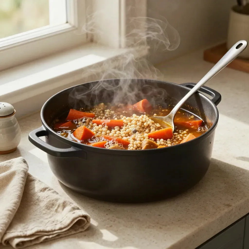 Overhead close view of a simmering winter vegetable stew in a casserole with a ladle beside it.