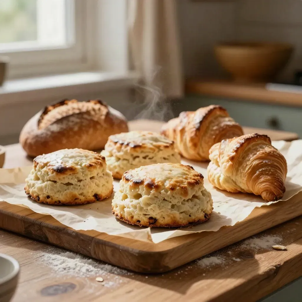 Just-baked scones, a tin loaf, and a pastry horn on a flour-dusted wooden board.