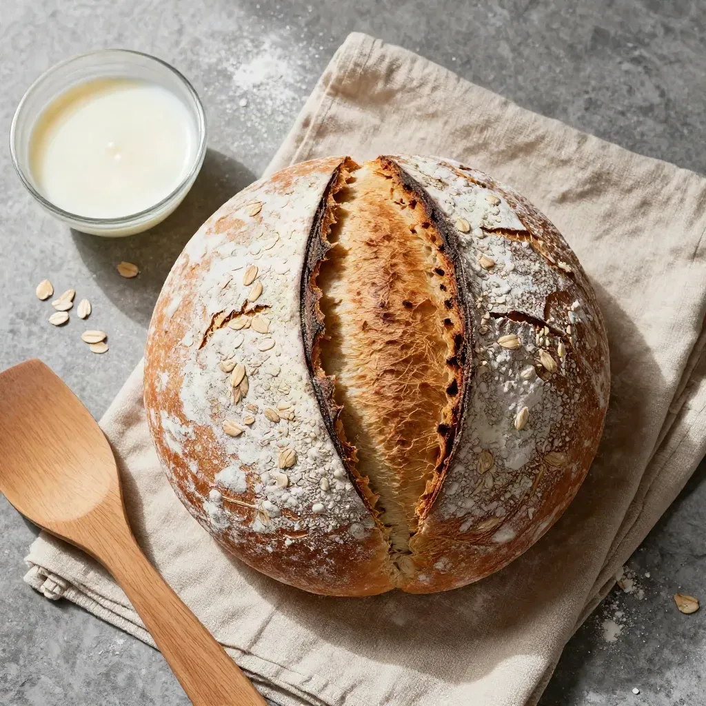 Top-down soda bread loaf split open with buttermilk, flour dust, and rustic baking tools.
