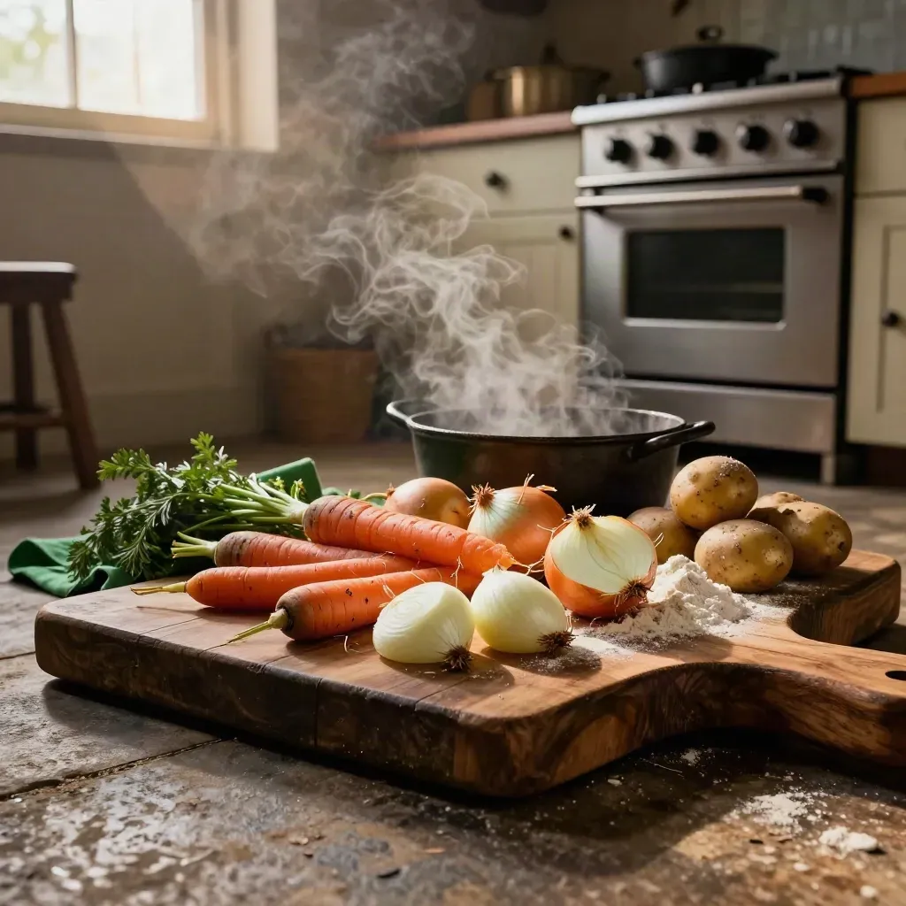 Low view of a winter stew board with vegetables and a Dutch oven in a cozy farmhouse kitchen.