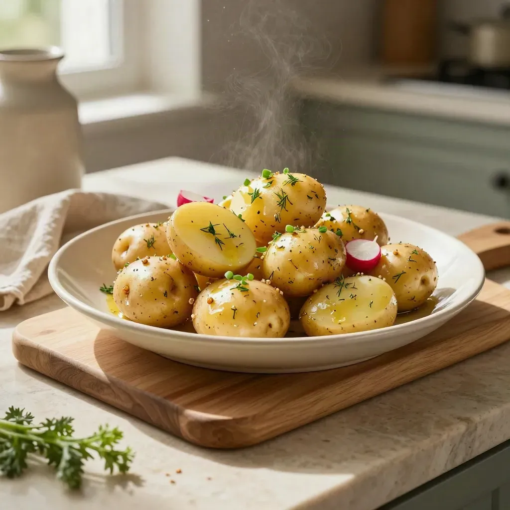 Warm new potato salad with radishes and dill on a rustic stoneware platter.