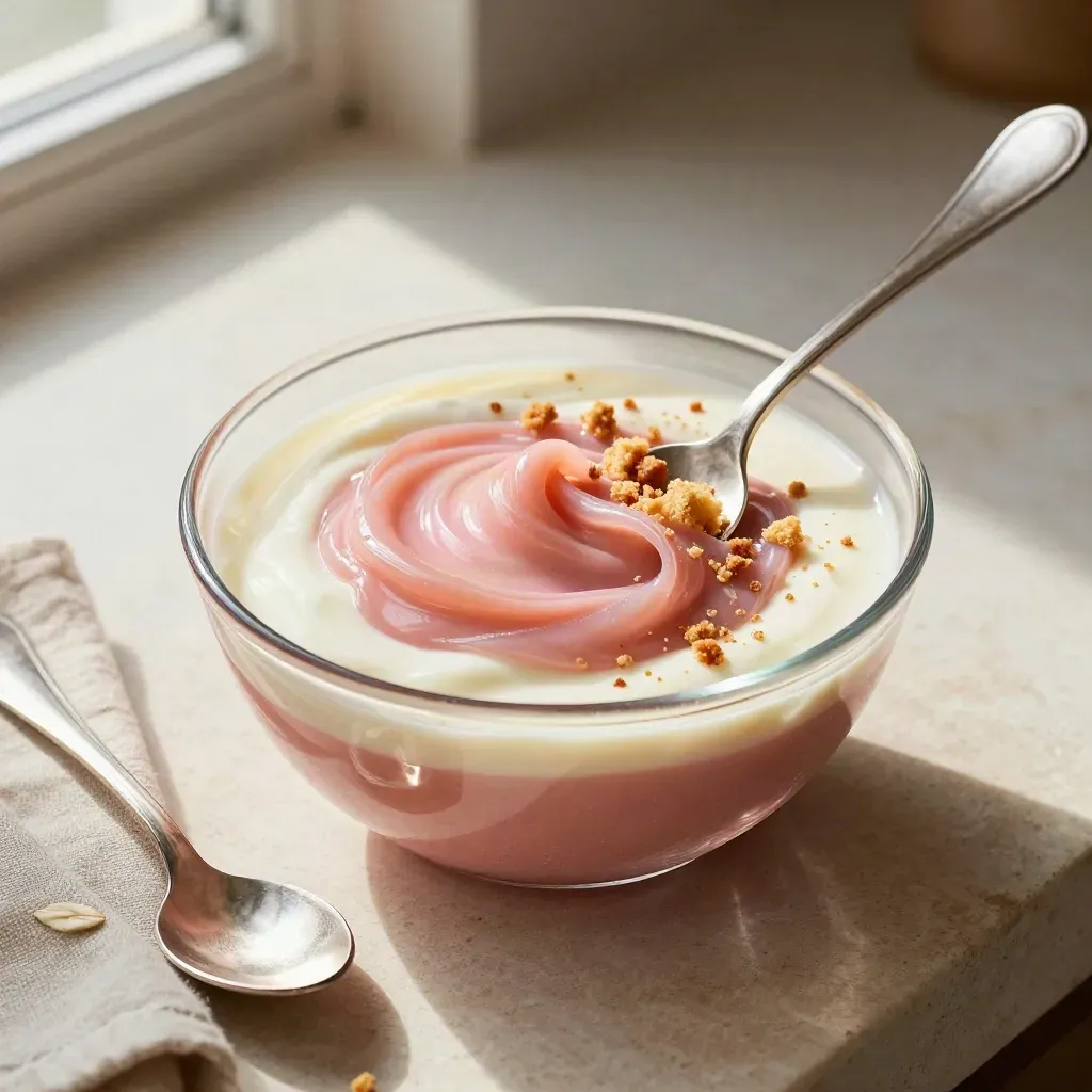 Overhead rhubarb fool in a glass bowl with spoon swirl and shortbread crumbs on pale stone.