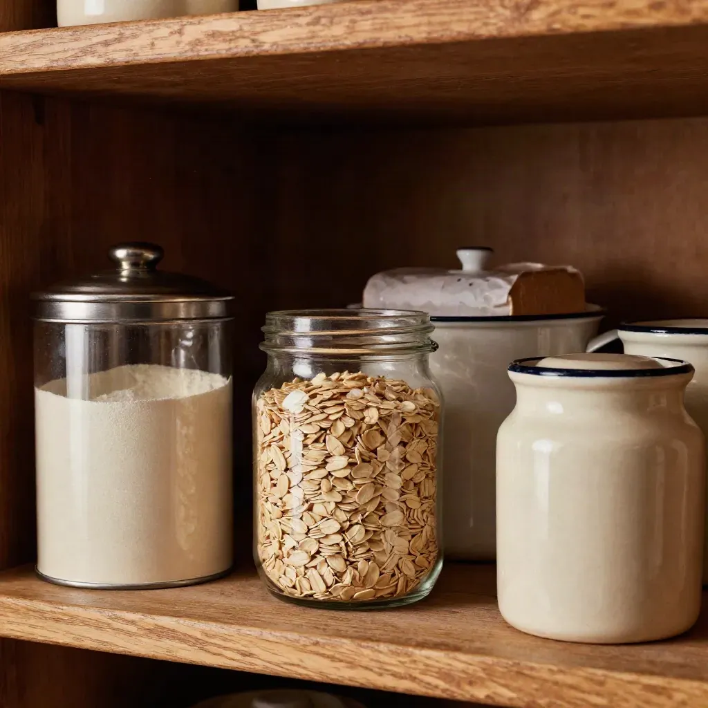 Freshly stocked pantry shelf with flour tin, oats jar, stock pot and ceramic storage jars.