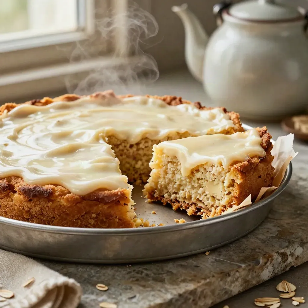 Tin of golden tea-time tray-bake slices with icing drizzle, steam and a blurred teapot behind.