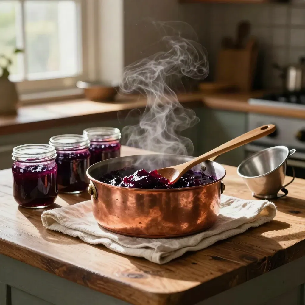 Plum jam cooling in a copper pan beside clean jars on linen