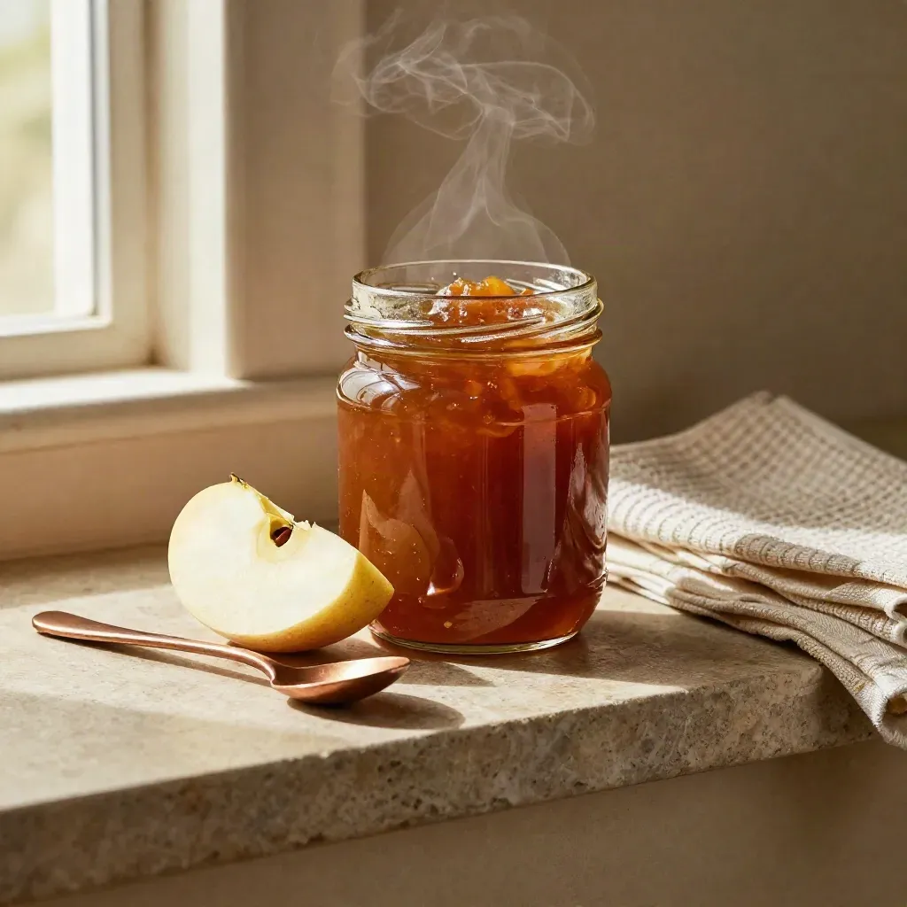 Sealed chutney jar with apple slice and folded tea towel on a stone shelf.