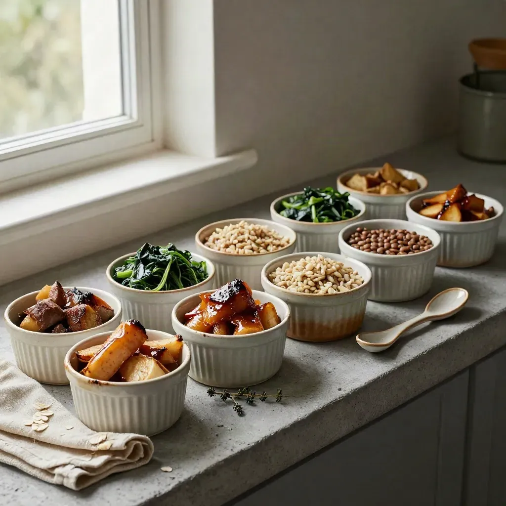 Seven stoneware ramekins with roast roots, greens and grains on a concrete shelf with linen.